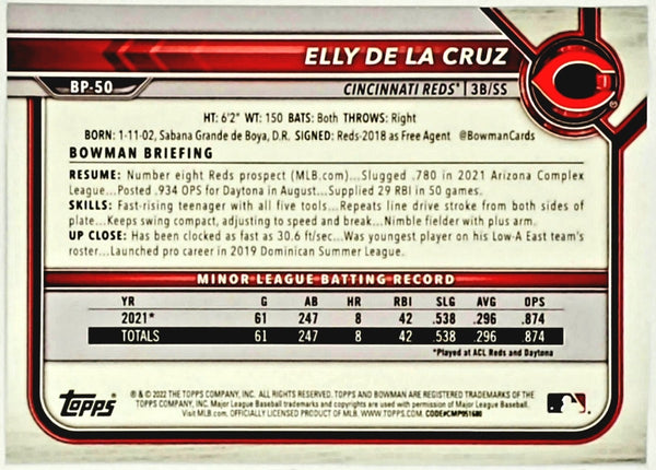  2022 Bowman Prospects Baseball #BP-50 Elly De La Cruz  Pre-Rookie Card - 1st Bowman Card : Sports & Outdoors