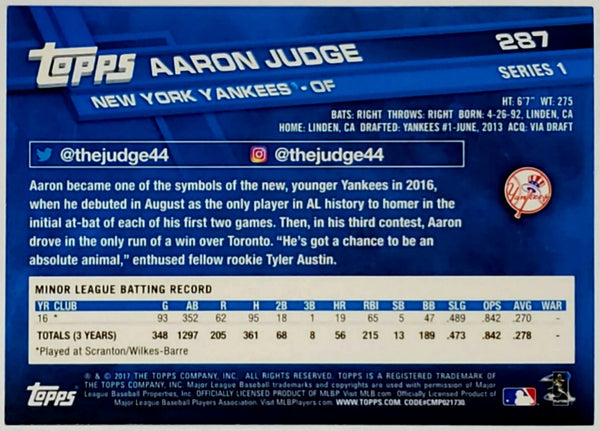 2017 Topps #287 Aaron Judge Rookie Card AGC 10 Gem Mint New York Yankees