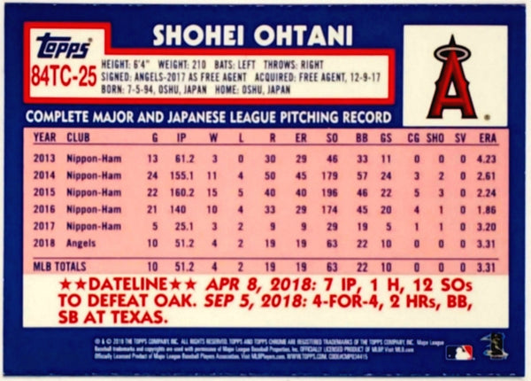 Shohei Ohtani 20198 Topps 1984 Black Rookie Rc #d 14/299