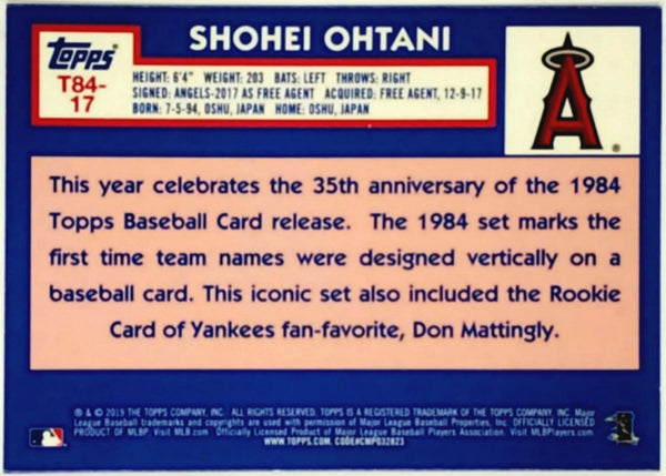 2019 Topps 1984 Topps Baseball Shohei Ohtani #T84-69 – St. John's Institute  (Hua Ming)