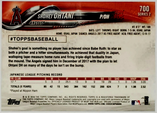 2018 Topps Baseball #700 Shohei Ohtani Rookie Card