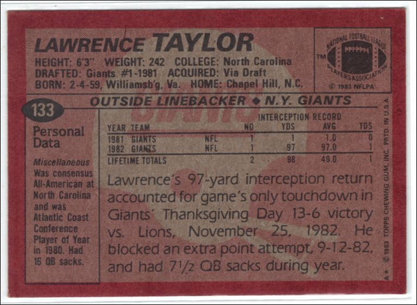 Lawrence Taylor 1983 Topps Base #133 Price Guide - Sports Card