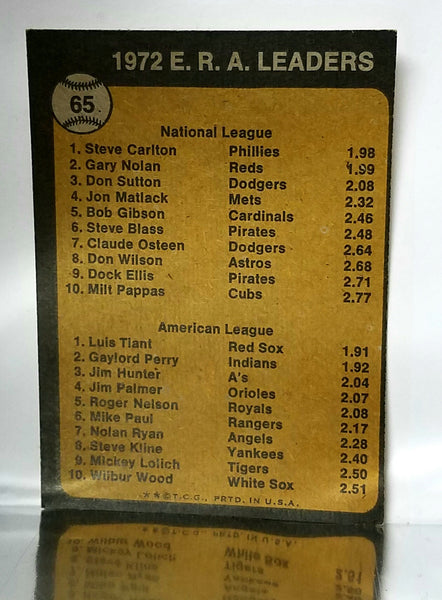 ERA Leaders Steve Carlton (HOF) And Luis Tiant 1973 Topps #65