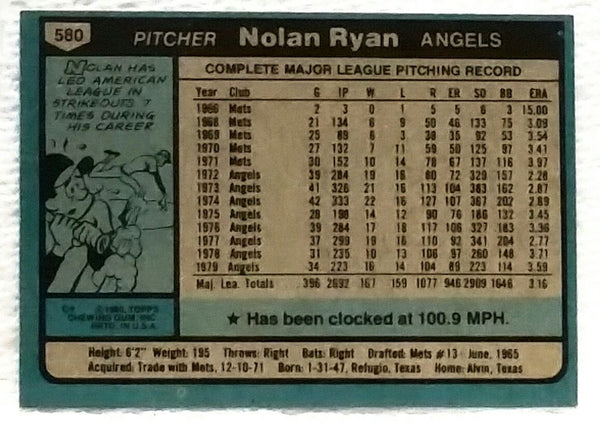 1980 Topps Baseball Card #580 Nolan Ryan