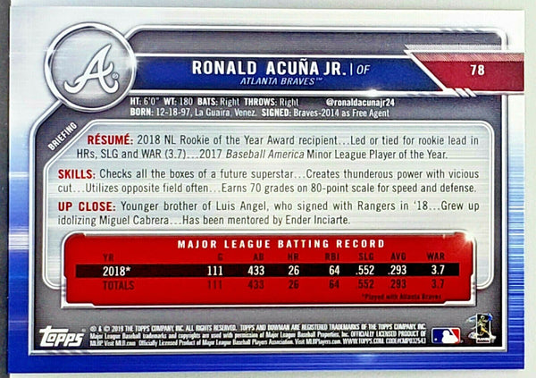 Ronald Acuna Jr. Atlanta Braves Signed Autographed 2019 Bowman #78 Baseball  Card Five Star Grading Certified - FINGERPRINT