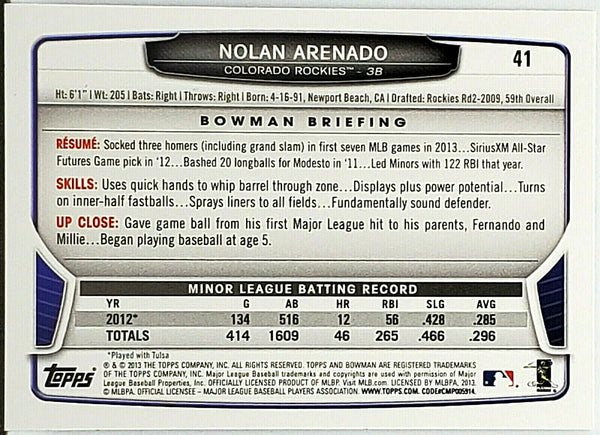 Nolan Arenado 2013 Bowman Autograph Rookie Card #41 PSA/DNA
