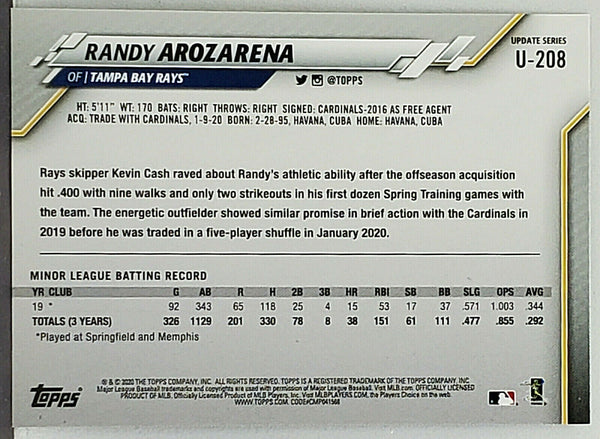 2020 Topps Update Baseball #U-208 Randy Arozarena Rookie Card Rays