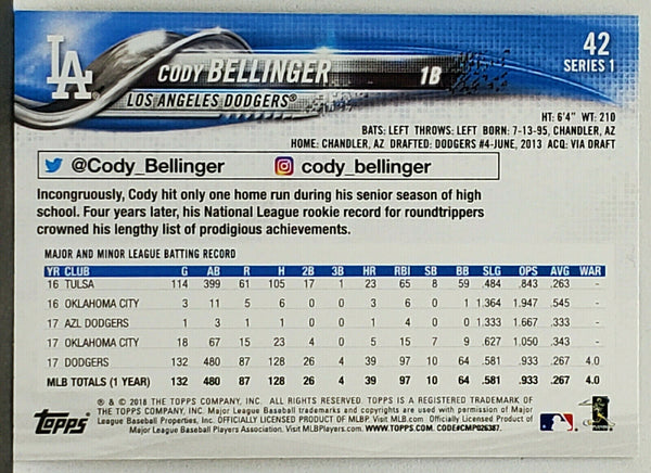 2018 Topps #42 Cody Bellinger Baseball Card - Topps All-Star Rookie