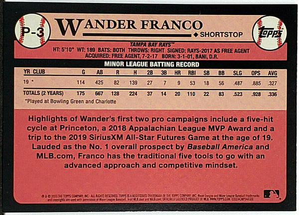 Wander Franco Rookie 2020 Topps Update #P-3, Tampa Bay Rays Phenom!