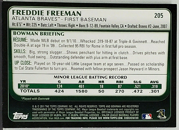 Freddie Freeman Rookie 2011 Bowman Finest Futures #FF10, Braves, MVP –
