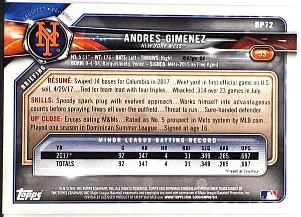 Andres Gimenez Rookie 1st Bowman Camo Green 2018 Bowman #BP72, Mets –