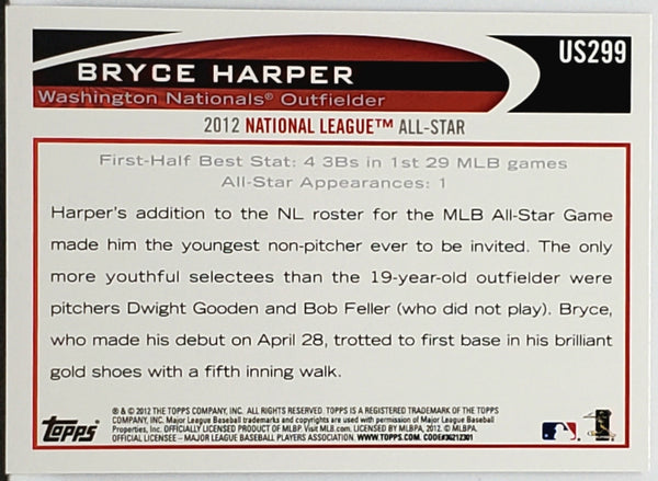 Bryce Harper Rookie 2012 Topps Update #US299, Nationals, MVP, Phillies –