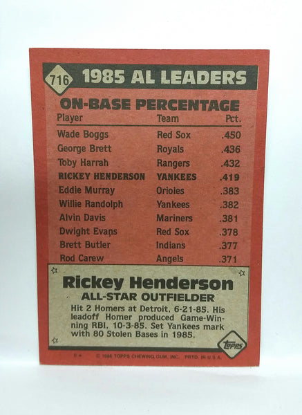  1986 Topps Rickey Henderson Yankees A.L. All Star