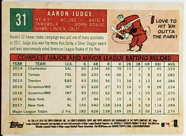 Aaron Judge 1959 Topps Retro 2018 Topps Archives #31, Yankees, ROY! –