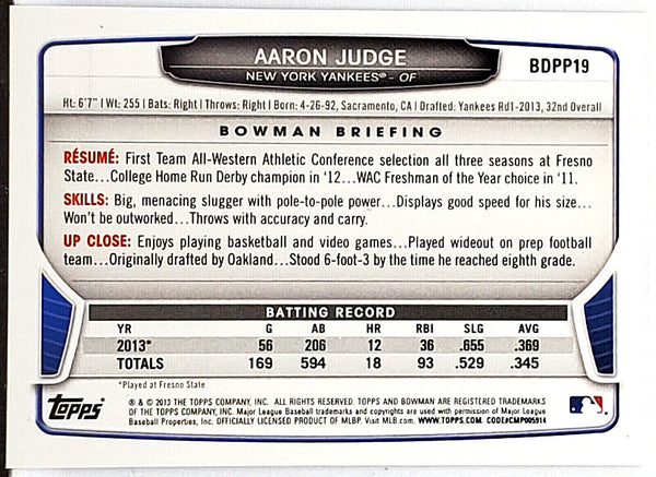 Aaron Judge Rookie Black Border Asia 2014 Bowman #TP-39 Yankees, MVP –