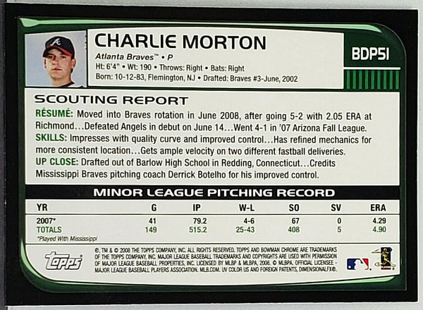 Charlie Morton JSA Coa Signed 2008 Bowman Chrome Rookie Autograph