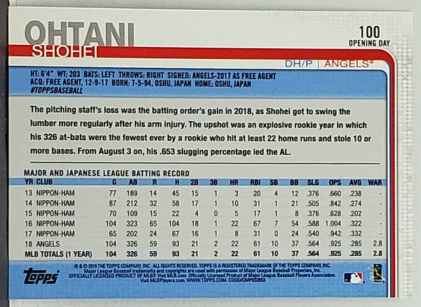 Shohei Ohtani Rookie Cup 2019 Topps Opening Day #100 Angels Phenom