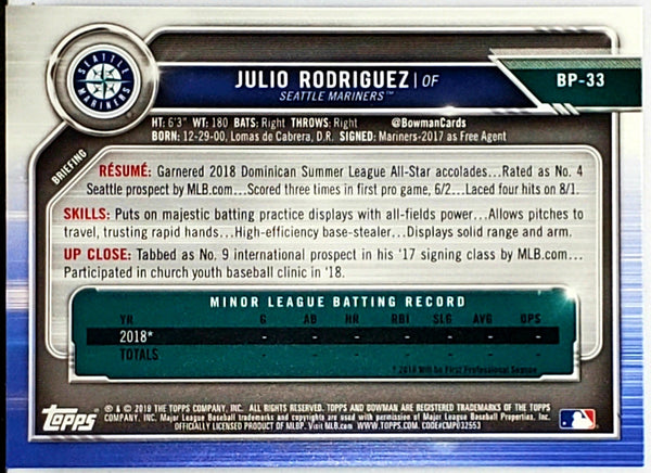Julio Rodriguez Rookie 2020 Bowman Prospects #BP-19 Mariners J-Rod ROY –