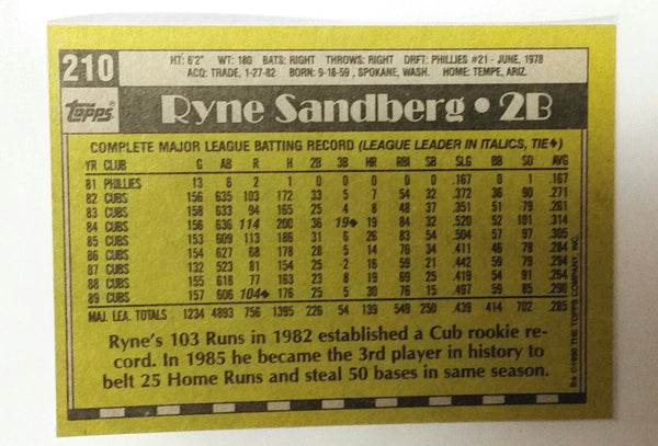 Ryne SandbergRYNO HOF Chicago Cubs Autographed 1990 Topps #210 Signed  Card at 's Sports Collectibles Store