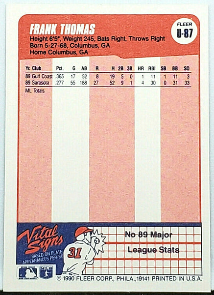 Frank Thomas Rookie 1990 Fleer Update #U-87 Hof, Chicago White Sox