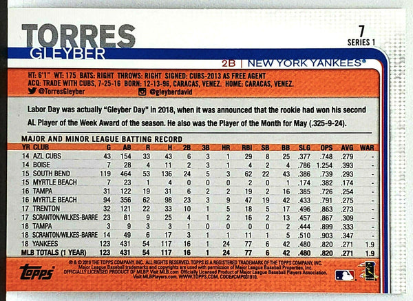 Gleyber Torres Rookie Cup Trophy! 2019 Topps #7 New York Yankees, Hot!