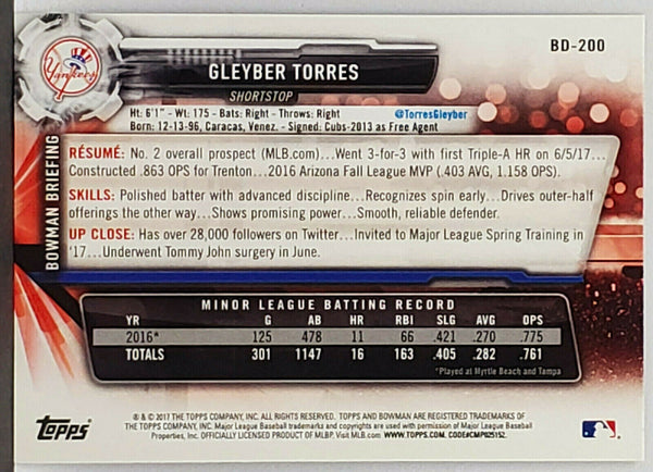 Gleyber Torres Rookie 2017 Bowman Draft #BD-200 New York Yankees, Hot! –