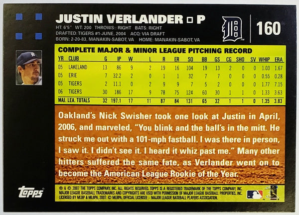 2007 Topps # 160 JUSTIN VERLANDER All Star Rookie RC Gold Cup 3rd NO HITTER  $$$