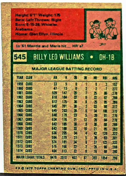  1964 Topps # 175 Billy Williams Chicago Cubs (Baseball Card) VG  Cubs : Collectibles & Fine Art