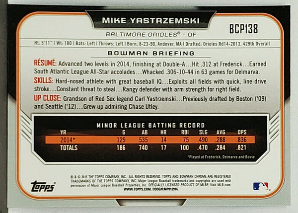 Mike Yastrzemski Rookie 1st Bowman 2015 Bowman Chrome #BCP138, Yaz! –