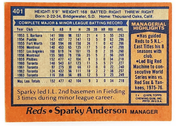 1978 Topps 401 Sparky Anderson HOF Manager Cincinnati Reds 