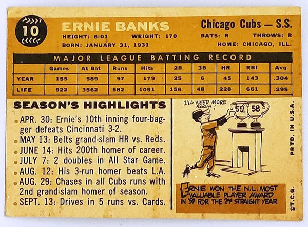 1960 Topps #10 Ernie Banks Chicago Cubs Baseball Card Low Grade