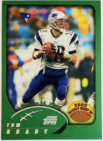 Brady, Tom, Rookie, Weekly Wrap-Up, 2002, Topps, 295, RC, Quarterback, QB, MVP, Super Bowl, GOAT, Yards, Touch downs, Touchdowns, Passing, Receiving, Rushing, TD, New England, Patriots, Tampa, Tampa Bay, Buccaneers, Bucs, Football, Hobby, NFL, Football Cards