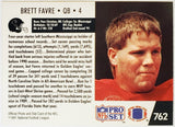 Favre, Brett, Rookie, Farve, 1991, Pro Set, 762, RC, HOF, MVP, Quarterback, QB, Atlanta, Falcons, Green Bay, Packers, Super Bowl, Pro Bowl, Touch downs, Touchdowns, Passing, Receiving, Rushing, TD, Football, RC, Hobby, NFL, Football Cards