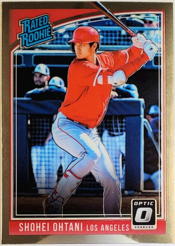 Ohtani, Shohei, Rookie, Rated Rookie, Batting, 2018, Donruss, Optic, 56, Panini, RC, Rookie Of The Year, ROY, MVP, Pitcher, 2-Way, Japan, Japanese, Los Angeles, Angels, Anaheim, Dodgers, WBC, Strikeouts, Home Runs, Slugger, RC, Baseball, MLB, Baseball Cards