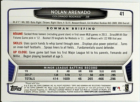 Nolan Arenado Rookie 2013 Bowman #41, Colorado Rockies, Cardinals