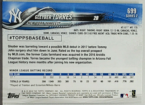 2018 Topps Baseball #699 Gleyber Torres Rookie Card - His Official Topps  Rookie Card
